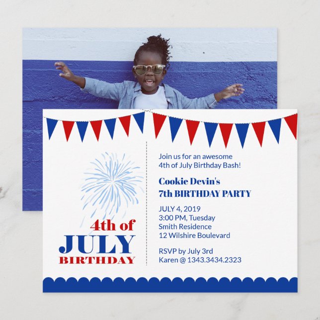 Invitation à la fête d'anniversaire 4 juillet enfa (Devant / Derrière)