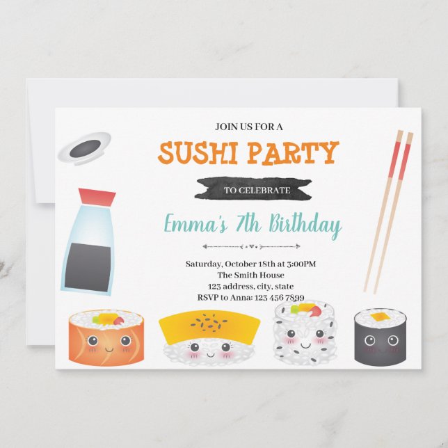Invitation à la fête d'anniversaire Cute Sushi (Devant)