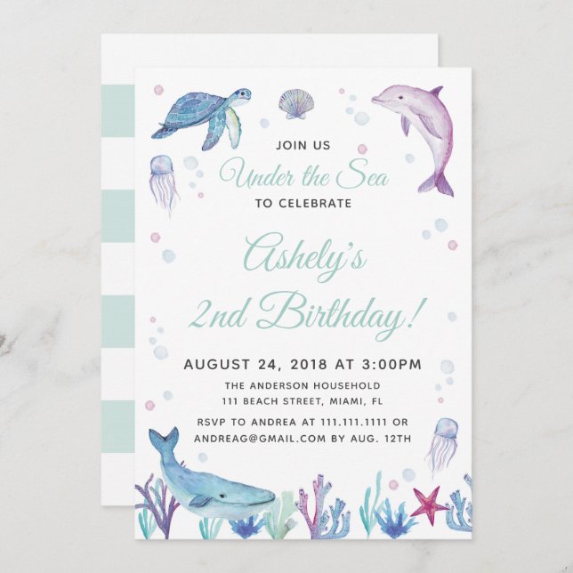 Invitation à la fête d'anniversaire dans l'océan (Devant / Derrière)