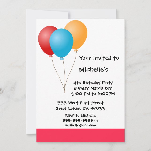 Invitation à la fête d'anniversaire de Ballon (Devant)