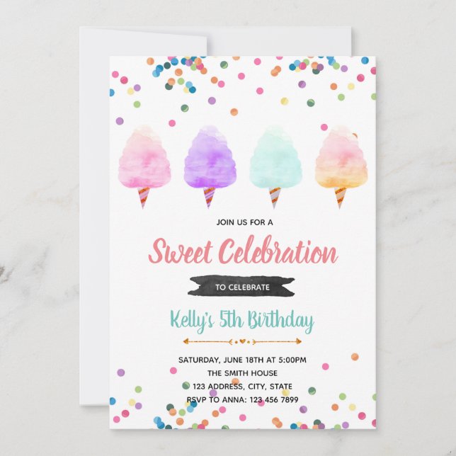 Invitation à la fête d'anniversaire de bonbons en  (Devant)