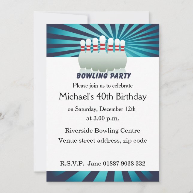 Invitation à la fête d'anniversaire de bowling sty (Devant)