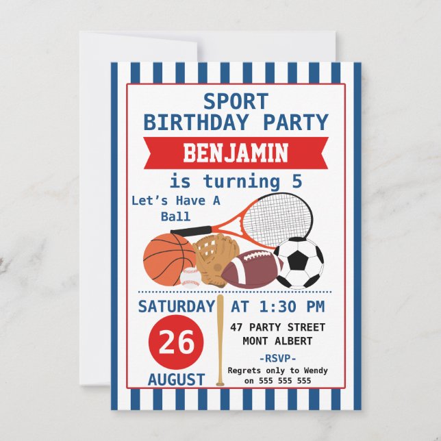 Invitation à la fête d'anniversaire de Boys Sports (Devant)