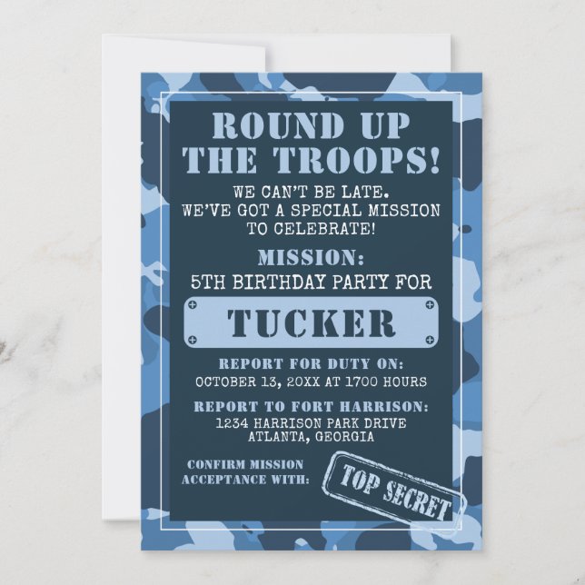 Invitation à la fête d'anniversaire de Camo, Armée (Devant)