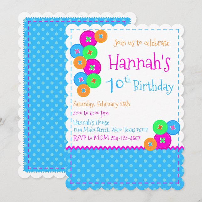 Invitation à la fête d'anniversaire de couture (Devant / Derrière)