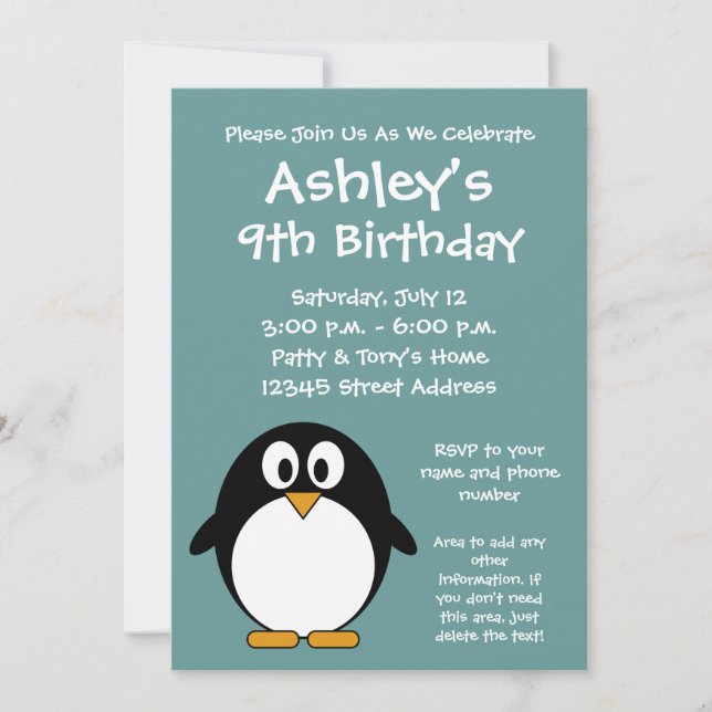 Invitation à la fête d'anniversaire de Cute Pengui (Devant)