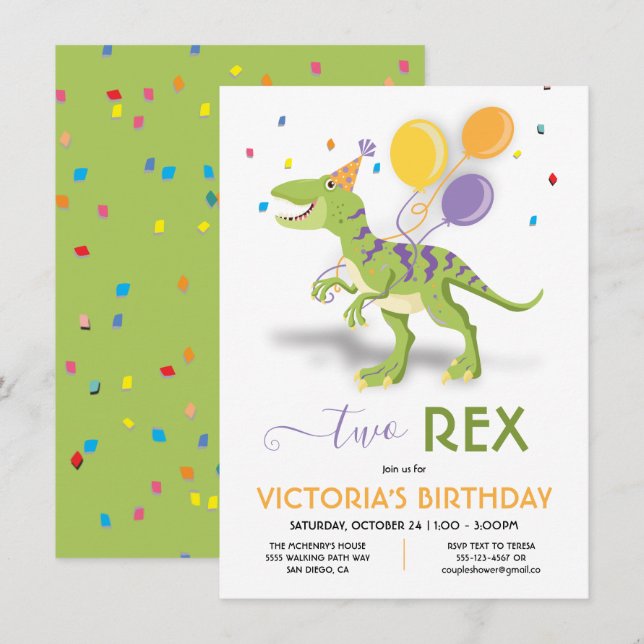 Invitation à la fête d'anniversaire de deux dinosa (Devant / Derrière)