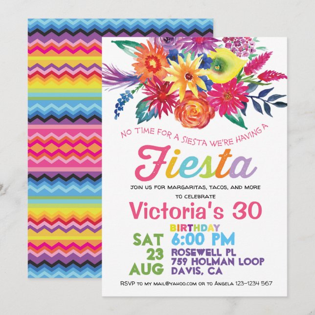 Invitation à la fête d'anniversaire de Fiesta (Devant / Derrière)