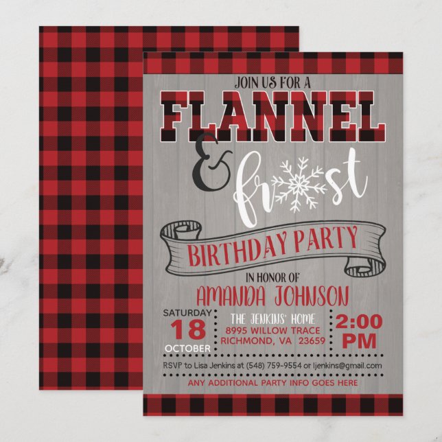 Invitation à la fête d'anniversaire de Flannel et  (Devant / Derrière)