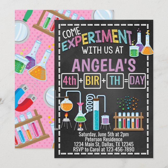 Invitation à la fête d'anniversaire de Girl Scienc (Devant / Derrière)
