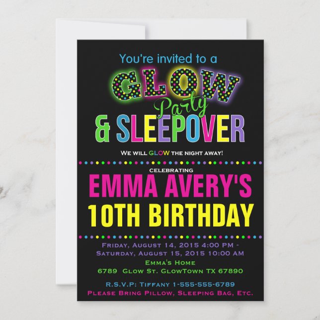 Invitation à la fête d'anniversaire de Glow Party (Devant)