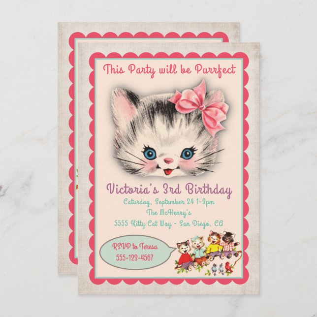 Invitation à la fête d'anniversaire de Kitty Chat  (Devant / Derrière)