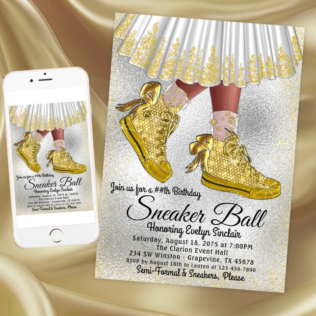 Invitation à la fête d'anniversaire de la Basket (Girl Gold Sneaker Ball Birthday Party Invitation. Instant download and printed invitations available)