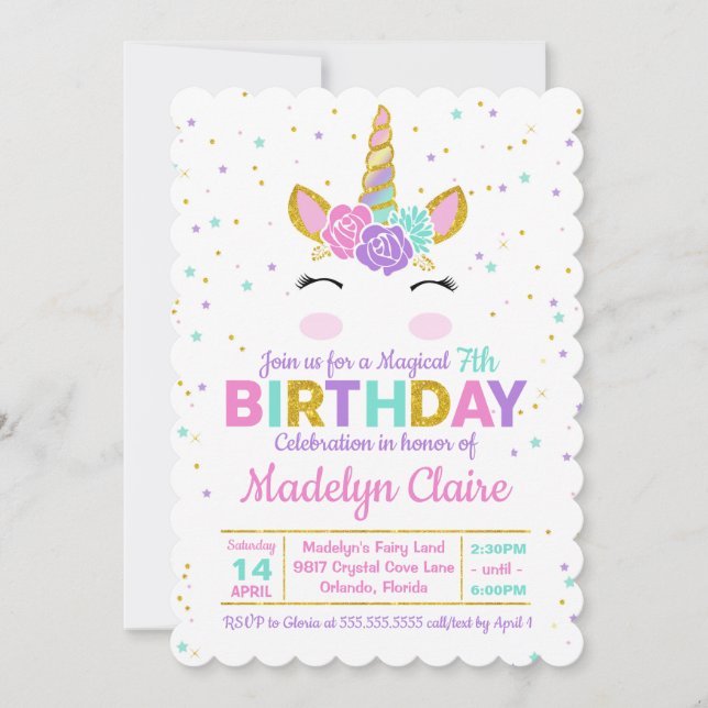 Invitation à la fête d'anniversaire de la licorne  (Devant)