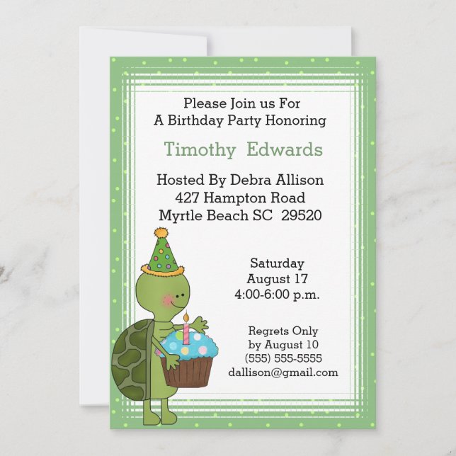 Invitation à la fête d'anniversaire de la tortue (Devant)