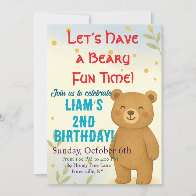Invitation à la fête d'anniversaire de l'ours mign (Devant)