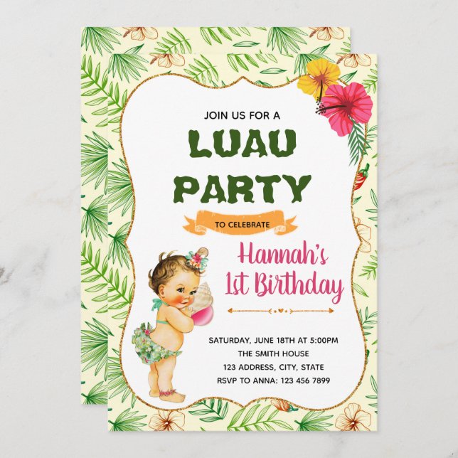 Invitation à la fête d'anniversaire de Luau (Devant / Derrière)