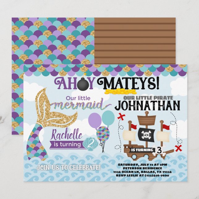 Invitation à la fête d'anniversaire de Mermaid Pir (Devant / Derrière)