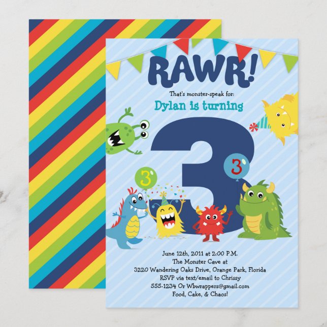 Invitation à la fête d'anniversaire de Monster (Devant / Derrière)