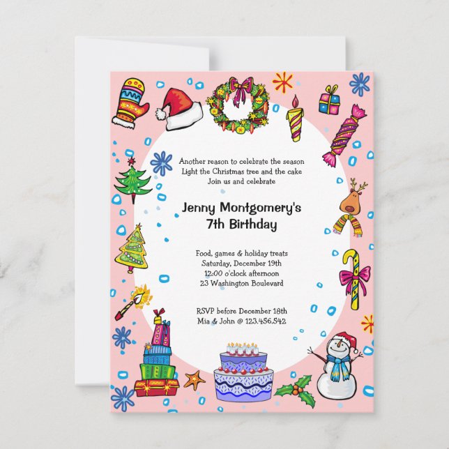 Invitation à la fête d'anniversaire de Noël Pink c (Devant)