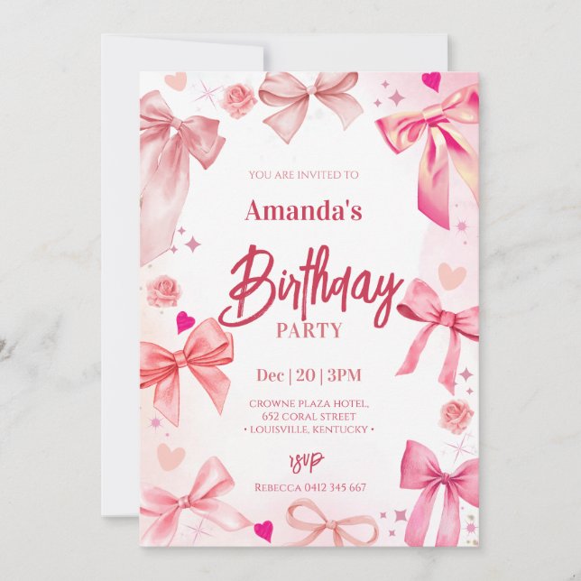 Invitation à la fête d'anniversaire de Pink Bow (Devant)