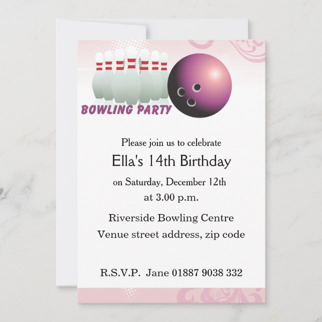 Invitation à la fête d'anniversaire de Pink Bowlin (Devant)