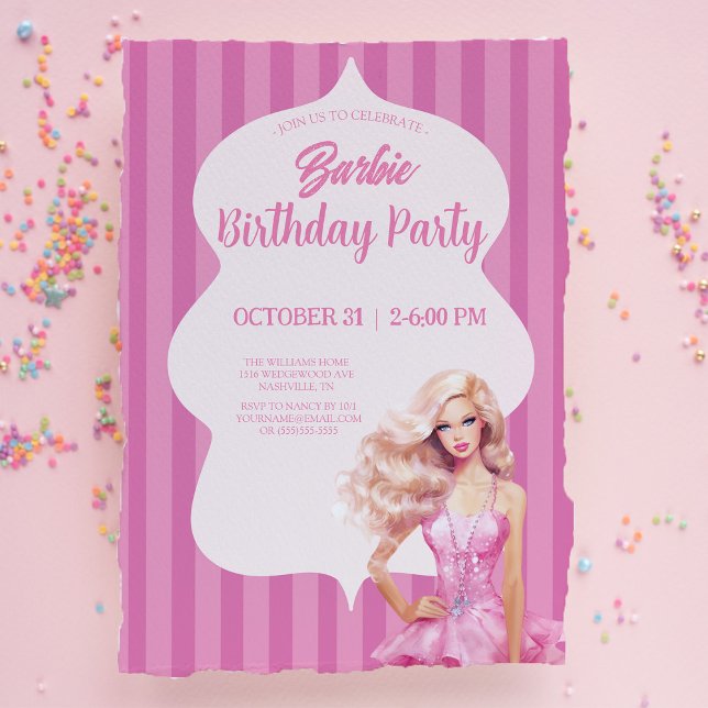 Invitation à la fête d'anniversaire de poupée rose (Créateur téléchargé)