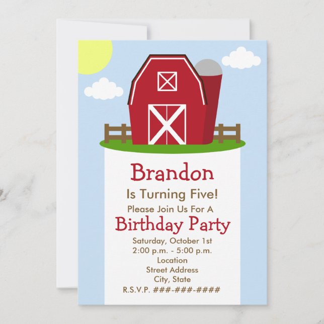 Invitation à la fête d'anniversaire de Red Barn Fa (Devant)