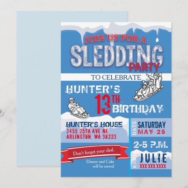 Invitation à la fête d'anniversaire de Sledding (Devant / Derrière)