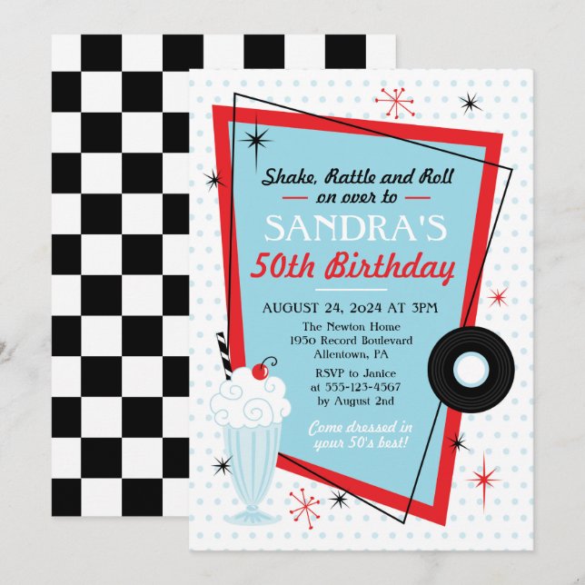 Invitation à la fête d'anniversaire de Sock Hop 19 (Devant / Derrière)