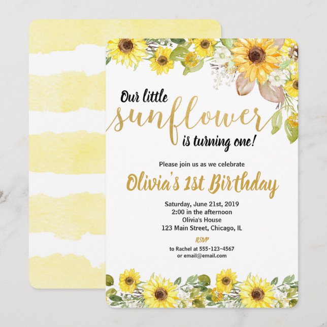 Invitation à la fête d'anniversaire de Sunflower (Devant / Derrière)