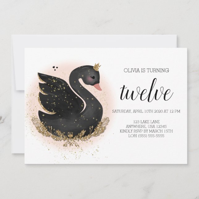 Invitation à la fête d'anniversaire de Swan | Noir (Devant)