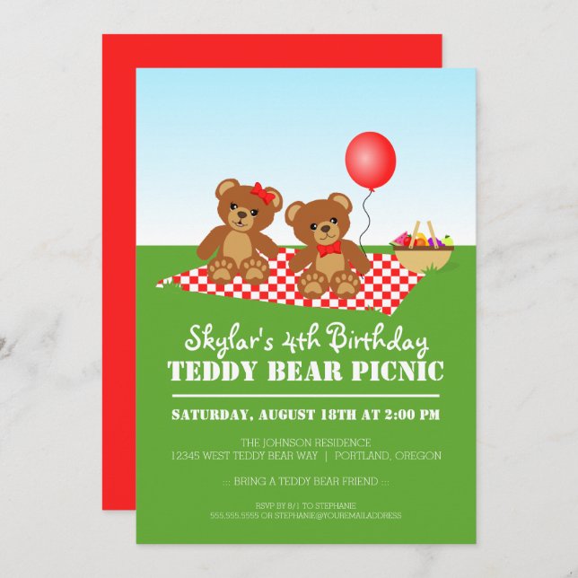 Invitation à la fête d'anniversaire de Teddy Bear (Devant / Derrière)