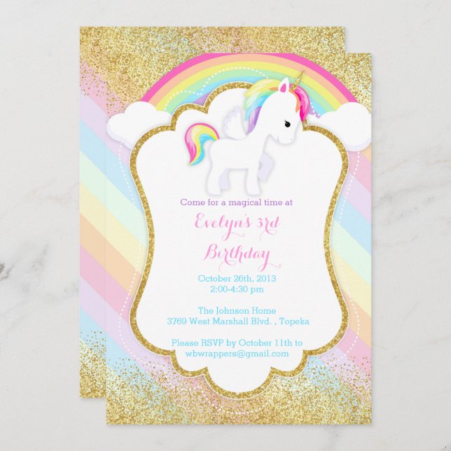 Invitation à la fête d'anniversaire de Unicorn - P (Devant / Derrière)
