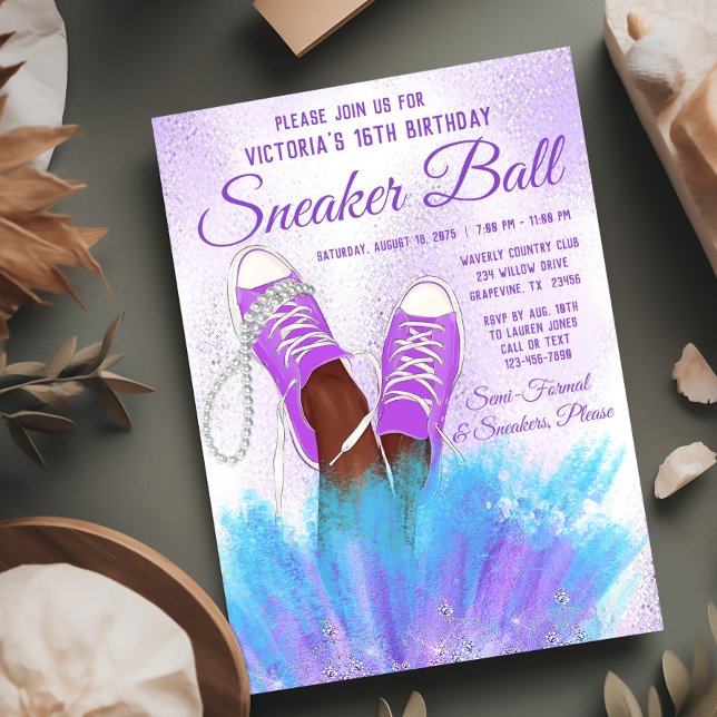 Invitation à la fête d'anniversaire du Basket de l (Purple teal sneaker ball invitation. Instant download file and printed invitations available.)