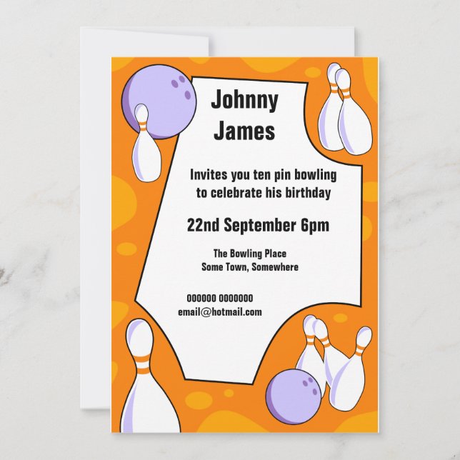 Invitation à la fête d'anniversaire du Bowling de  (Devant)