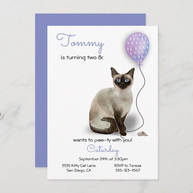 Invitation à la fête d'anniversaire du chat (Devant / Derrière)