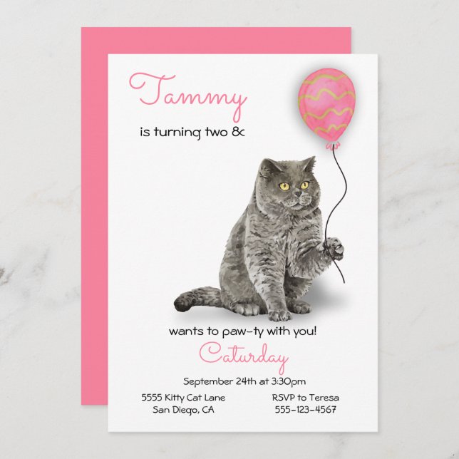 Invitation à la fête d'anniversaire du chat (Devant / Derrière)