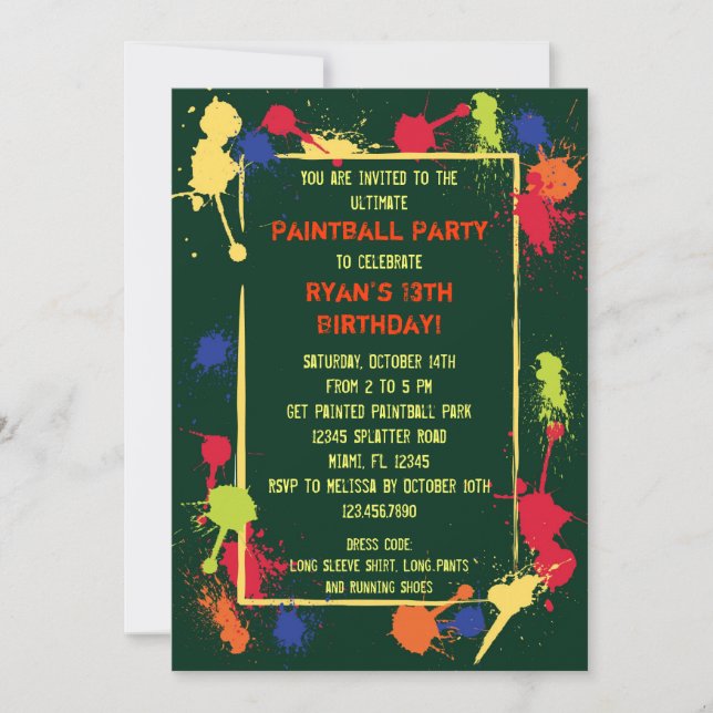 Invitation à la fête d'anniversaire du Paintball (Devant)