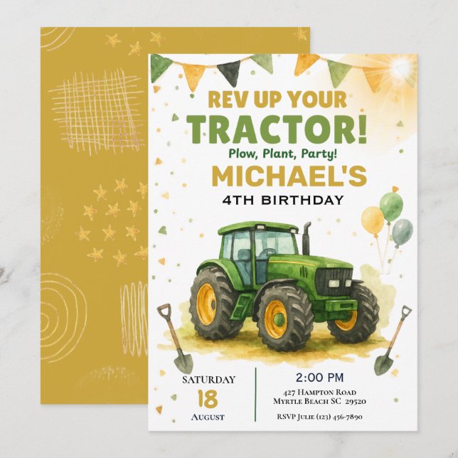 Invitation à la fête d'anniversaire du tracteur (Devant / Derrière)