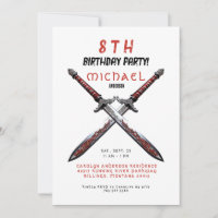 Invitation à la fête d'anniversaire épées rouge et