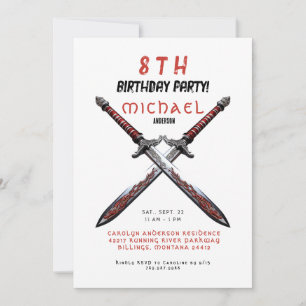 Invitation à la fête d'anniversaire épées rouge et