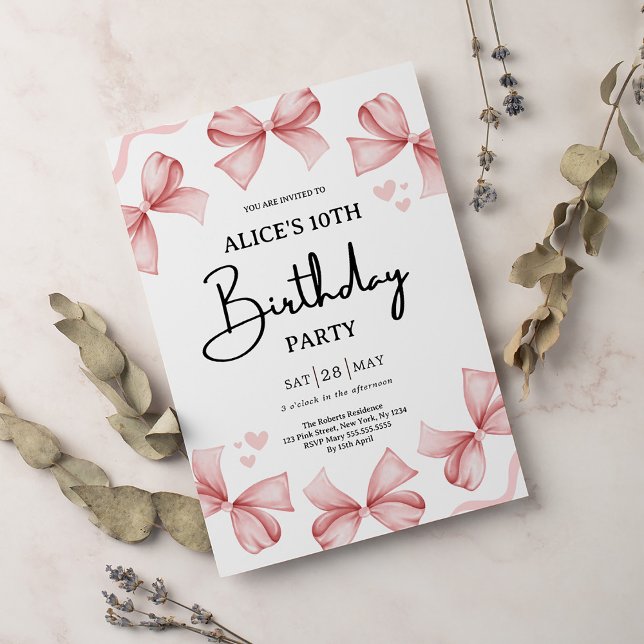 Invitation à la fête d'anniversaire Girl Bow rose (Créateur téléchargé)