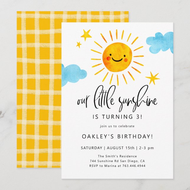 Invitation à la fête d'anniversaire Little Sunshin (Devant / Derrière)