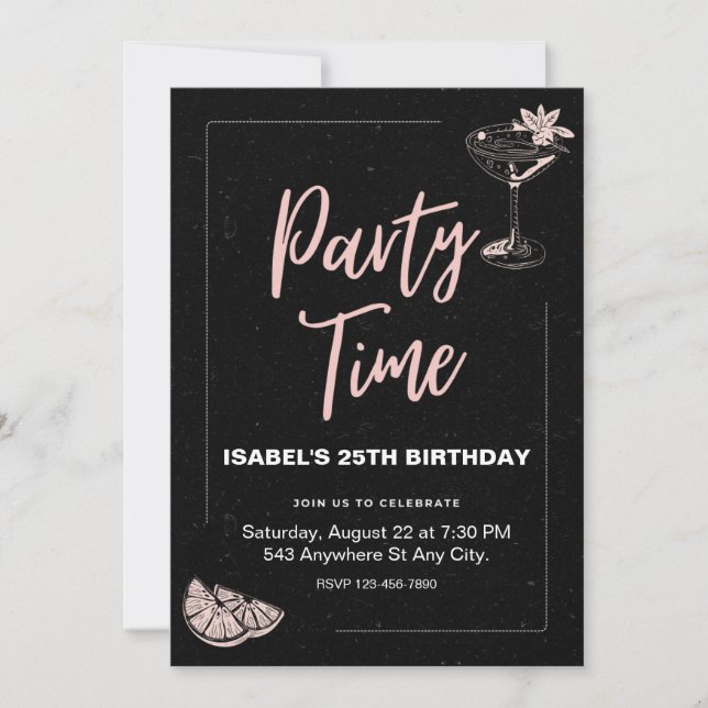 Invitation à la fête d'anniversaire noire et rose (Devant)