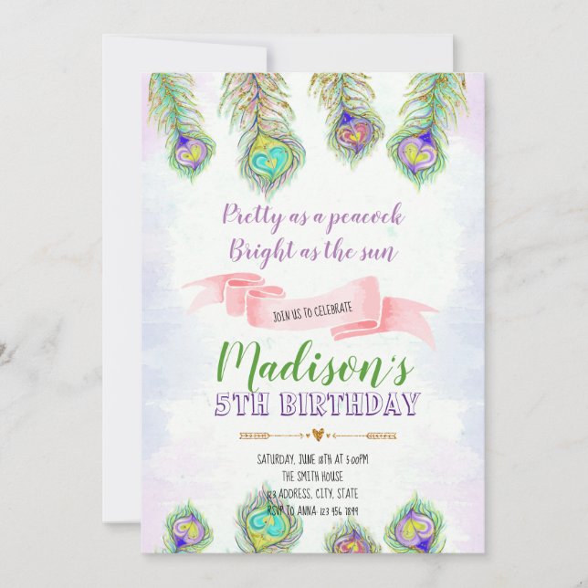 Invitation à la fête d'anniversaire Peacock (Devant)