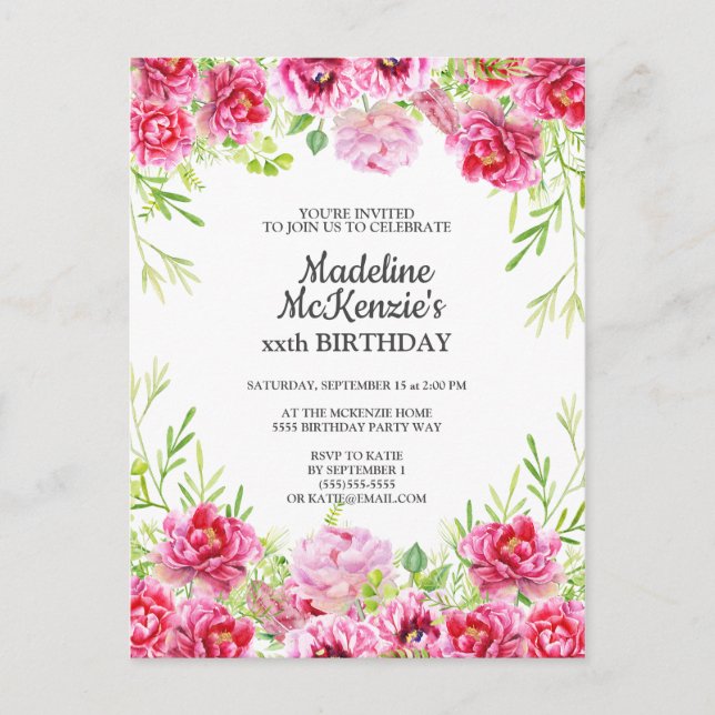 Invitation à la fête d'anniversaire rose Floral (Devant)