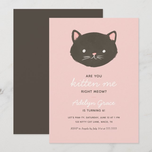 Invitation à la fête d'anniversaire rose Kitten Gi (Devant / Derrière)