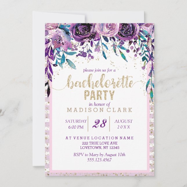 Invitation à la fête de Bachelorette Floral et Or (Devant)