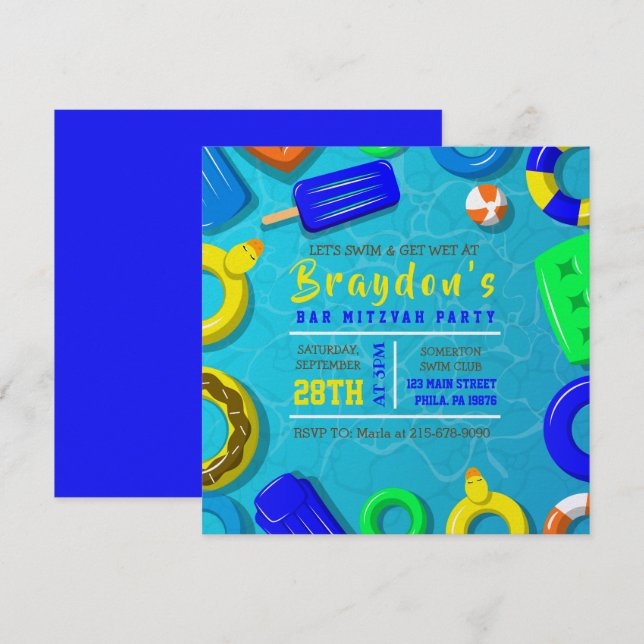 Invitation à la fête de Bar Mitzvah avec FLOTTEURS (Devant / Derrière)